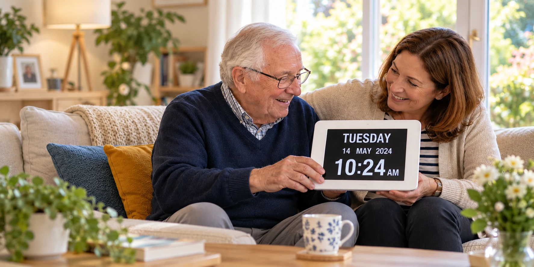 Two people sharing a moment with a day clock at home