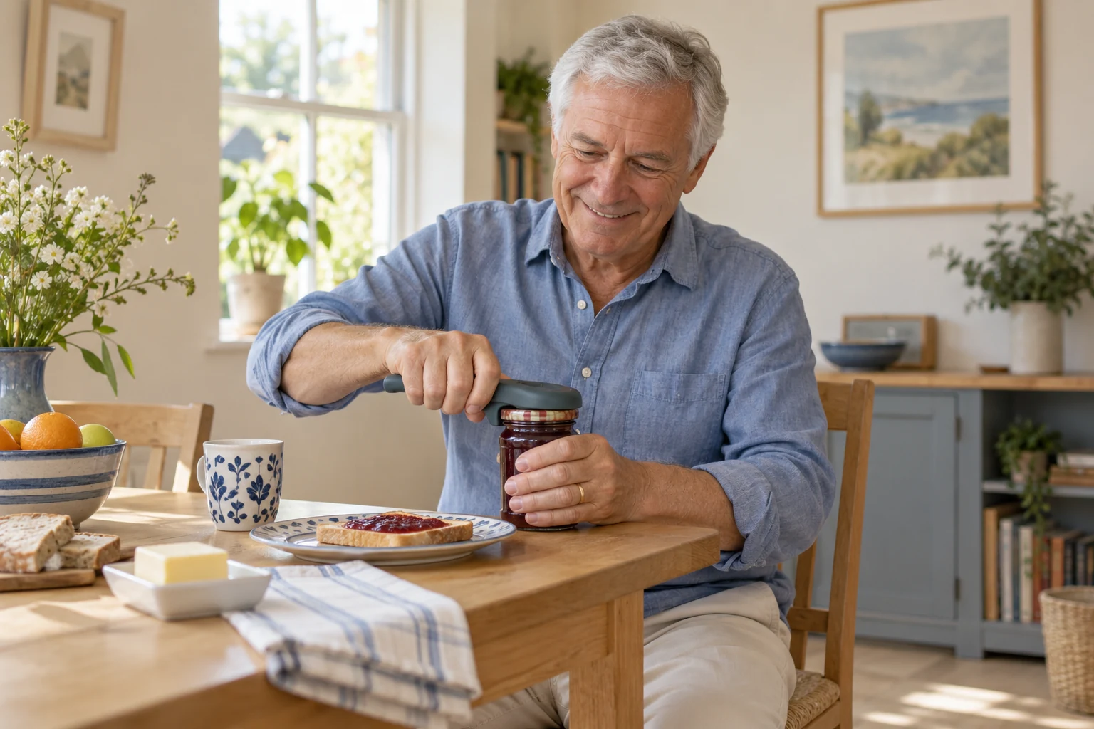 An older man using a jar opener in his kitchen