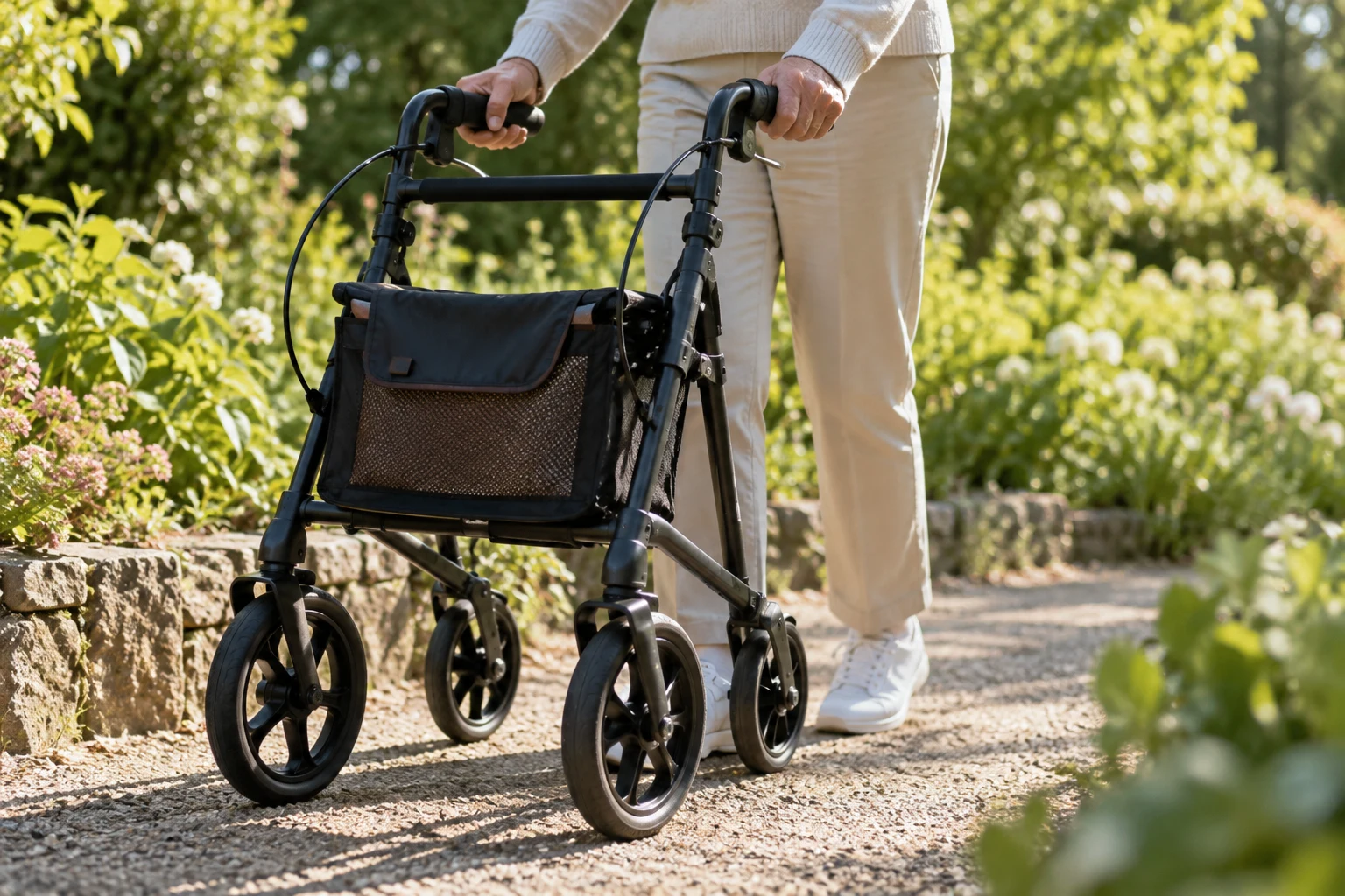 A person using a rollator on a garden path